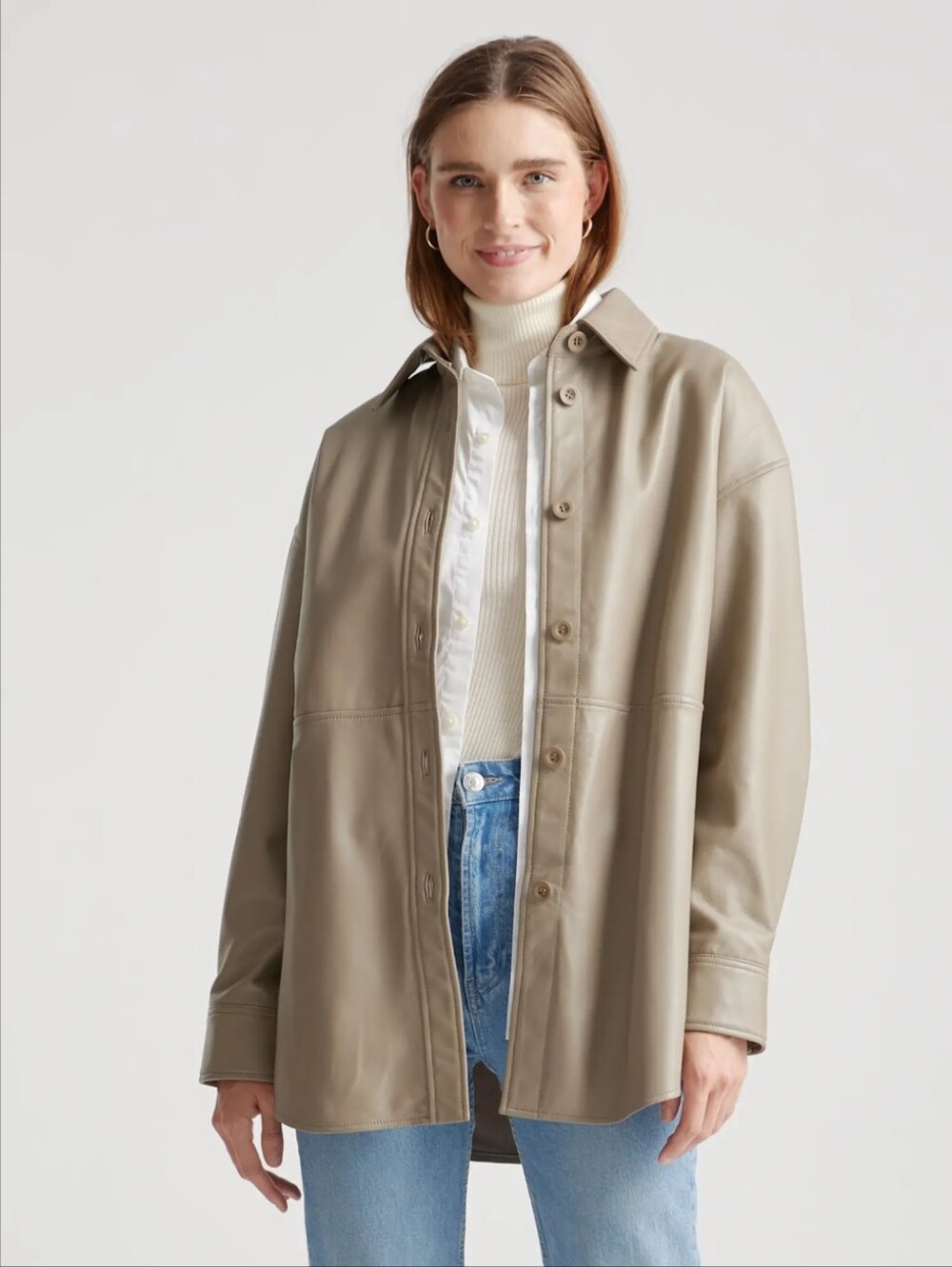 Quince 100% Leather Shirt Jacket in Mushroom - Size S